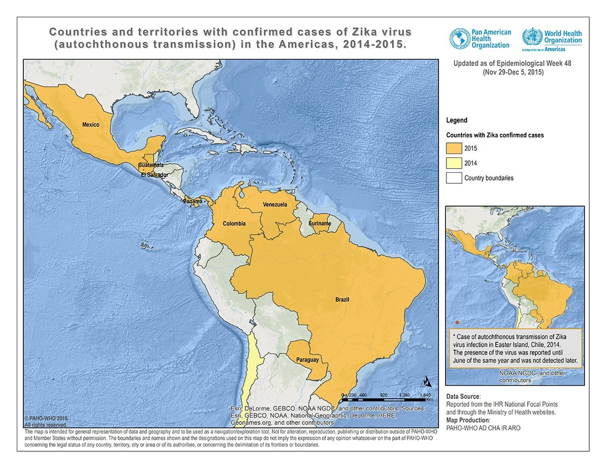 Countries and territories with autochthonous transmission. Epidemiological Week 51 - 2015. PAHO & WHO